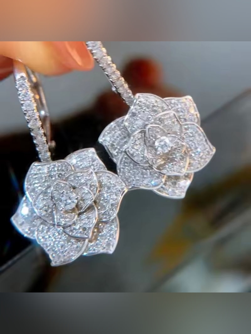 Silver Floral Pave Drop Earrings with White Crystals